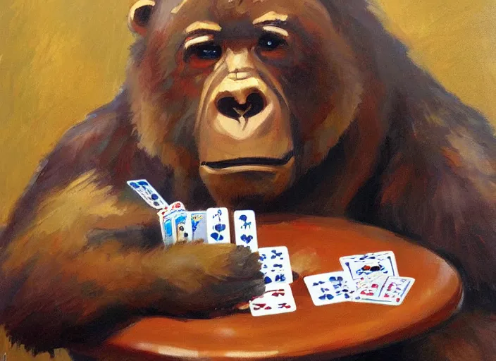 Image similar to one gorrila playing poker bear playing poker, highly detailed beautiful, by gregory manchess, james gurney, james jean