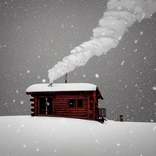 Prompt: a cabin on a hill, snowstorm, winter, smoke rising from the pipe, by alex andreev, landscape, high contrast, digital, complementary colors