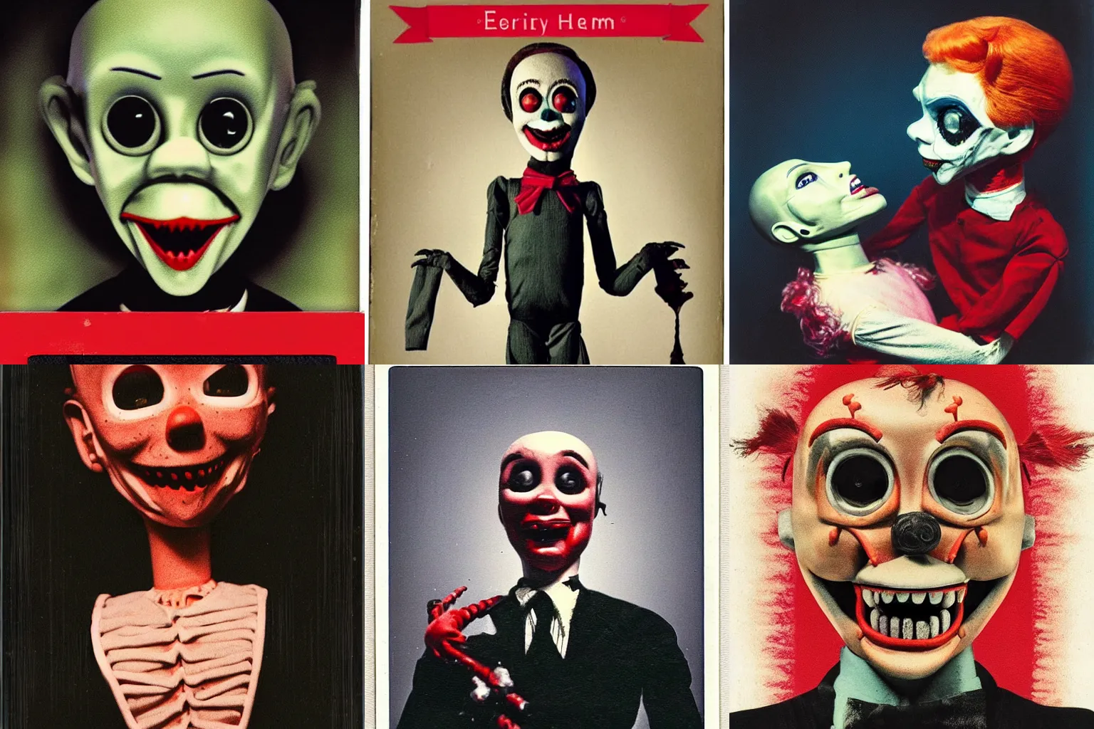 Image similar to A highly detailed masterpiece eerie color polaroid of a ventriloquist dummy horror, scary, terrifying, horrific, nighttime, dimly lit, creepy hd 4k