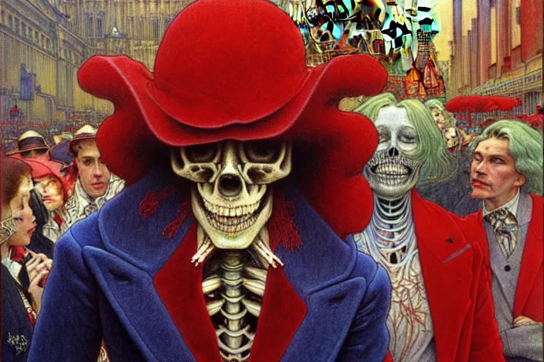 Prompt: realistic detailed closeup portrait painting of a single skeleton wearing red velvet blazer in a crowded futuristic moscow street by Jean Delville, Amano, Yves Tanguy, Alphonse Mucha, Ernst Haeckel, Edward Robert Hughes, Roger Dean, rich moody colours, blue eyes