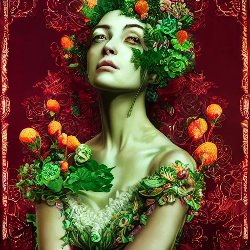 Image similar to the portrait of an absurdly beautiful, graceful, elegant, sophisticated woman made of strawberries and green petals looking up, an ultrafine hyperdetailed illustration by kim jung gi, irakli nadar, intricate linework, bright colors, octopath traveler, final fantasy, unreal engine 5 highly rendered, global illumination, radiant light, detailed and intricate environment