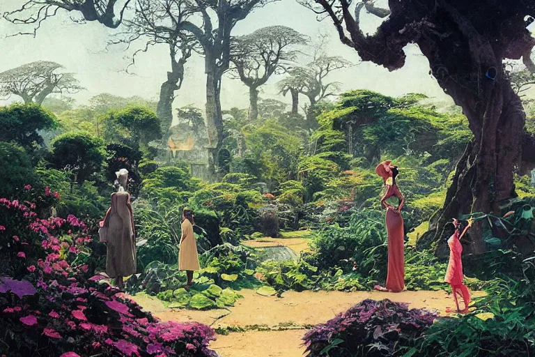 Image similar to illustration of elegant black woman watching spacecraft land in garden of stately home, flowers, baobab trees, distant town in valley and hills, by norman rockwell, jack kirby, john berkey, bergey, craig mullins, ruan jia, raymond swanland, jeremy mann, beksinski, tom lovell, alex malveda, schomburg