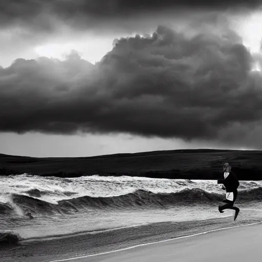 Prompt: man running from the stormy clouds by Magnum Photos, clean, detailed, award winning