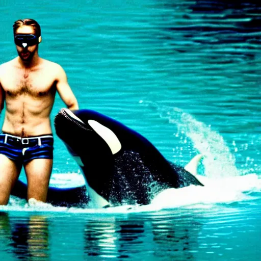 Image similar to ryan gosling in swimming trunks and cyberpunk style goggles rides a killer whale in a vulcan lake