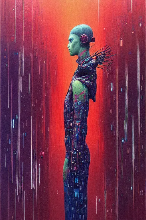 Prompt: souless ai art, 8 0 s style clothes, rain like a dream, oil painting, cinematic, symmetrical, surreal, dramatic, dreamlike, bold, cyberpunk, zdzisław beksinski + james jean + loish + artgerm + rutkowski + moebius + francis bacon + gustav klimt,