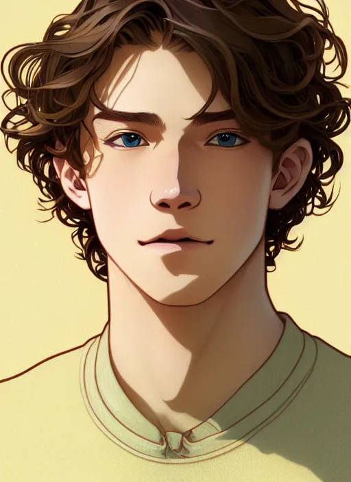 Image similar to young man with medium - length, curly, golden hair, perfectly proportioned face, aquamarine eyes, sweet smile, natural lighting, path traced, highly detailed, high quality, cartoon, digital painting, by new haicheng and studio ghibli and alphonse mucha