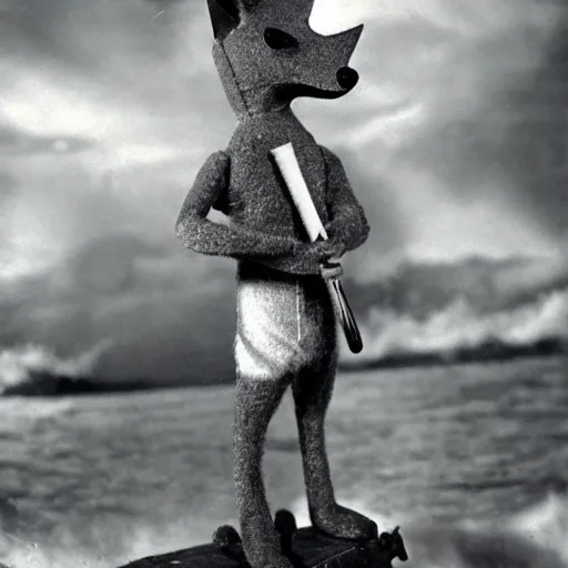 Prompt: anthropomorphic fox multi-jointed puppet who is a medieval knight standing steadfast towards a stormy ocean, 1930s film still