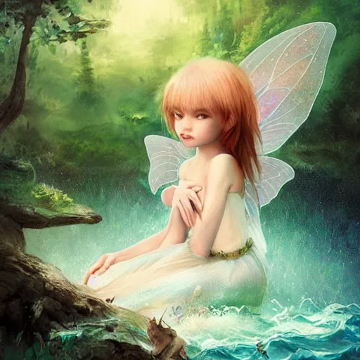 Image similar to child fairy fliying iver a river, forest by ross tran, highly detailed face