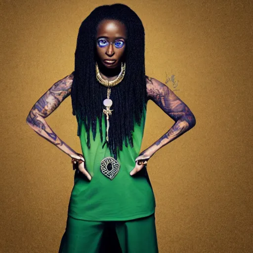 Prompt: a vibrant professional studio portrait photography of a black, young, goth, friendly, casual, delightful, gorgeous kirby howell - baptiste, piercing green eyes, wears a egyptian ankh necklace, intricate, curated collection, annie leibovitz, nikon, breathtaking, groundbreaking, superb, outstanding, lensculture portrait awards, photoshopped, dramatic lighting, 8 k