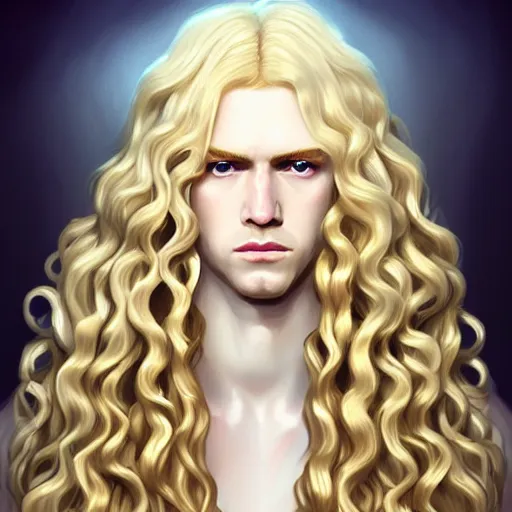 Image similar to Lucius the pale blond androgynous god of the sun, highly detailed, very very very long curly golden blond hair, baroque curls, curtain bangs, central parted fringe, extremely luscious curly blond hair, very very very pale white skin, digital painting, artstation, concept art, soft light, sharp focus, illustration