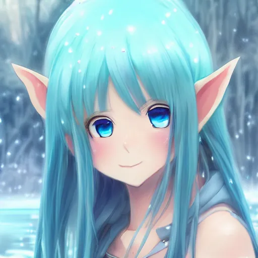 Image similar to a very beautiful anime elf girl, full body, long silver hair with a flower, sky blue eyes, full round face, short smile, shore clothes, thick thigs, firm chest, ice snowy lake setting, cinematic lightning, medium shot, mid-shot, highly detailed, trending on Artstation, Unreal Engine 4k, cinematic wallpaper by Stanley Artgerm Lau, WLOP, Rossdraws, James Jean, Andrei Riabovitchev, Marc Simonetti, and Sakimichan