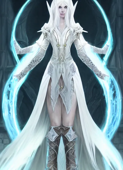 Image similar to portrait of a female elven mage as a diablo 3 character, looking at camera, D&D, white leather dress, long platinum hair, intricate, elegant, stylish, cute smile, fantasy, extremely detailed, digital painting, artstation, concept art, smooth, sharp focus, illustration, ambient lighting, art by artgerm and greg rutkowski and alphonse mucha and simon stalenhag