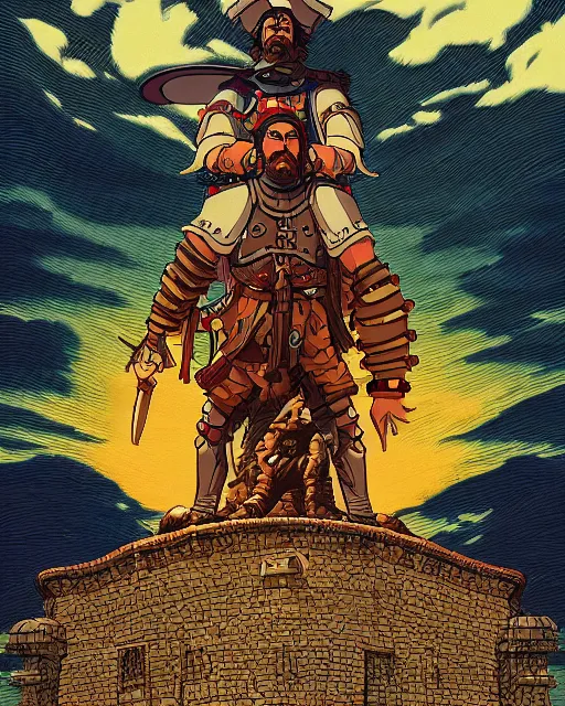 Prompt: ultrareallistic illustration of barbaric spanish conquistador, symmetrical, by yoichi hatakenaka, studio ghibli and dan mumford