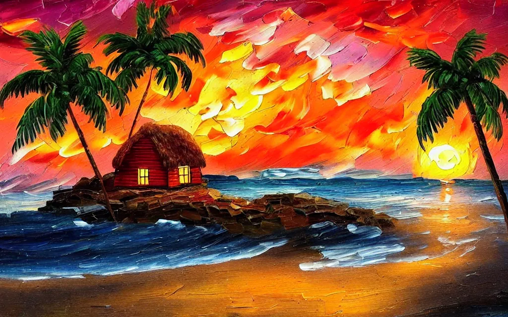 Image similar to a very very small island! cute cozy cottage!! and lanterns!!!, chairs, fireplace, palm trees, dark very late evening cloudy sunset, dramatic and dynamic lighting, thick brush strokes oil impasto painting