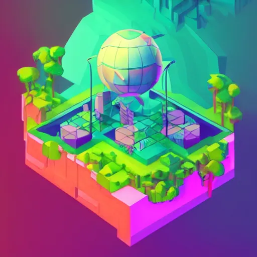 Prompt: isometric half sphere island on neon background, isometric invironment, 3d art, isometric art, high detail, artstation, concept art, behance, ray tracing, smooth, sharp focus, ethereal lighting