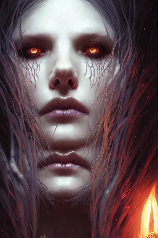 Image similar to Necromancer Sorceress face close-up macro in center, fantasy magic, undercut hairstyle, dark light night, intricate, elegant, sharp focus, illustration, highly detailed, digital painting, concept art, matte, art by WLOP and Artgerm and Greg Rutkowski and Alphonse Mucha, masterpiece