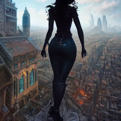 Prompt: a giantess attractive goth girl standing over a modern city, cute, intricate, highly detailed, digital painting, artstation, concept art, smooth, sharp focus, illustration, unreal engine 5, 8 k, art by artgerm and greg rutkowski and alphonse mucha