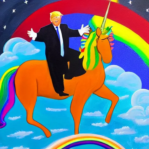 Image similar to a painting of donald trump riding a rainbow unicorn