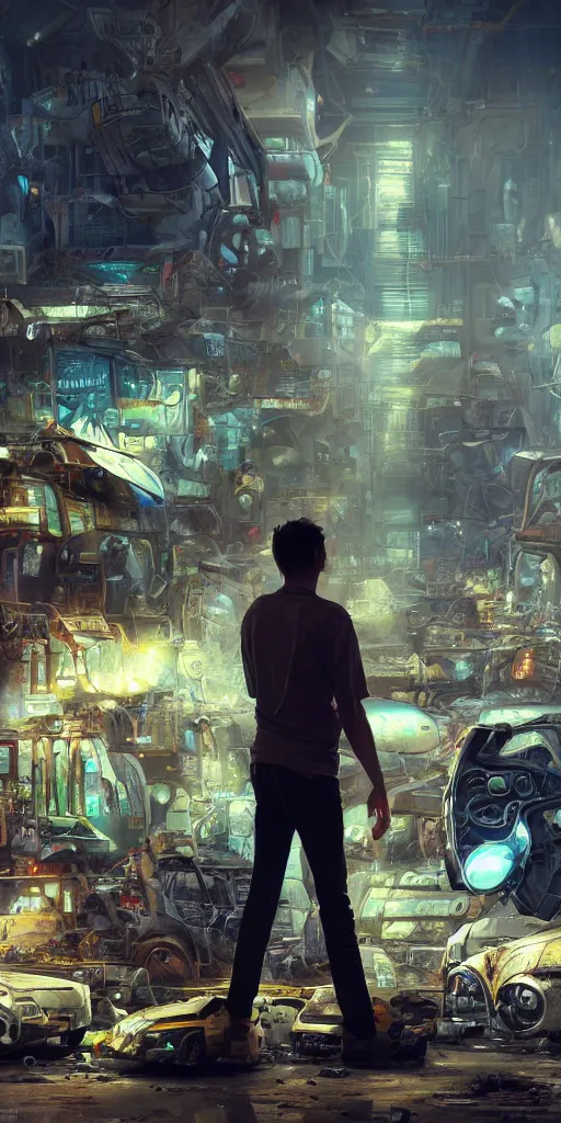 Prompt: concept art of a humanoid standing in a junkyard, back - view, technology screens glowing, hyper maximalist, matte painting, ultra detail, concept art, hyper realistic, cgsociety, hyper maximalist, artstation, cgsociety, style by jon foster and feng zhu and tyler edlin, octane render, anime style