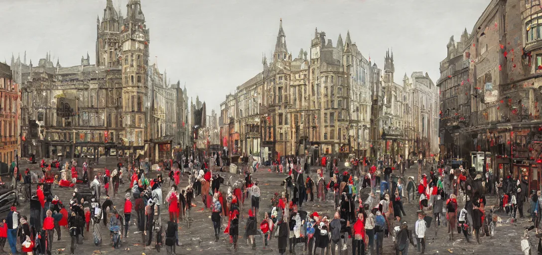 Image similar to A British European City with cars and people roaming inside of the city, certain aspects of the background are lens blurred, splatters of red on the border of the image, some of the people are even painted red, black and white photograph painting, real life, realistic, hyperrealistic, very realistic, photo photograph, photo, photograph, painting, oil painting, ultra realistic, very detailed, extremely detailed, highly detailed, HD Quality, 4k resolution, 8k resolution, trending on artstation, in the style of an Album Cover, cool, epic, nostalgic, intricate details