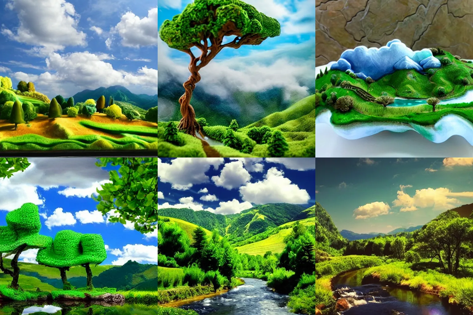 Prompt: A very beautiful landscape of mountain with plains, green grasse trees and river, clouds, dreamy vibe sculpture style