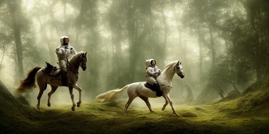 Image similar to an astronaut riding on the back of a white horse through a forest, a detailed matte painting by frieke janssens, featured on cgsociety, fantasy art, matte painting, reimagined by industrial light and magic, matte drawing