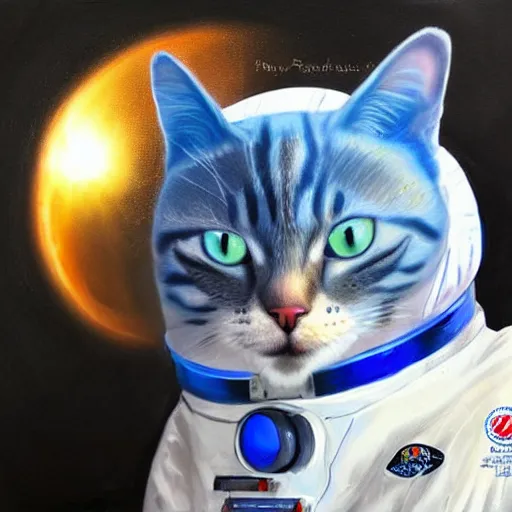 Prompt: A cat with beautiful blue eyes in a space suit flying over the Earth, oil painting, concept art, trending on artstation