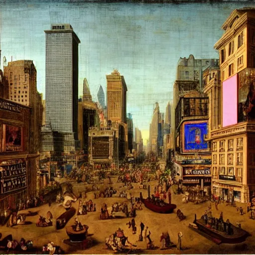 Image similar to times square, new york as painted by raphael in 1 5 1 1, renaissance, broad daylight