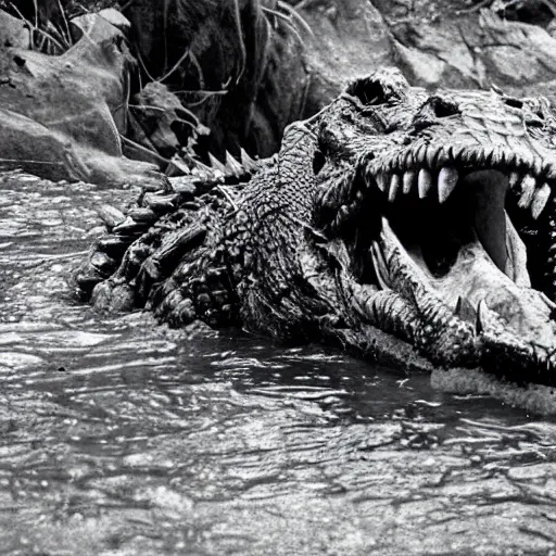 Image similar to werecreature consisting of a mixture of human and crocodile, photograph captured at woodland creek