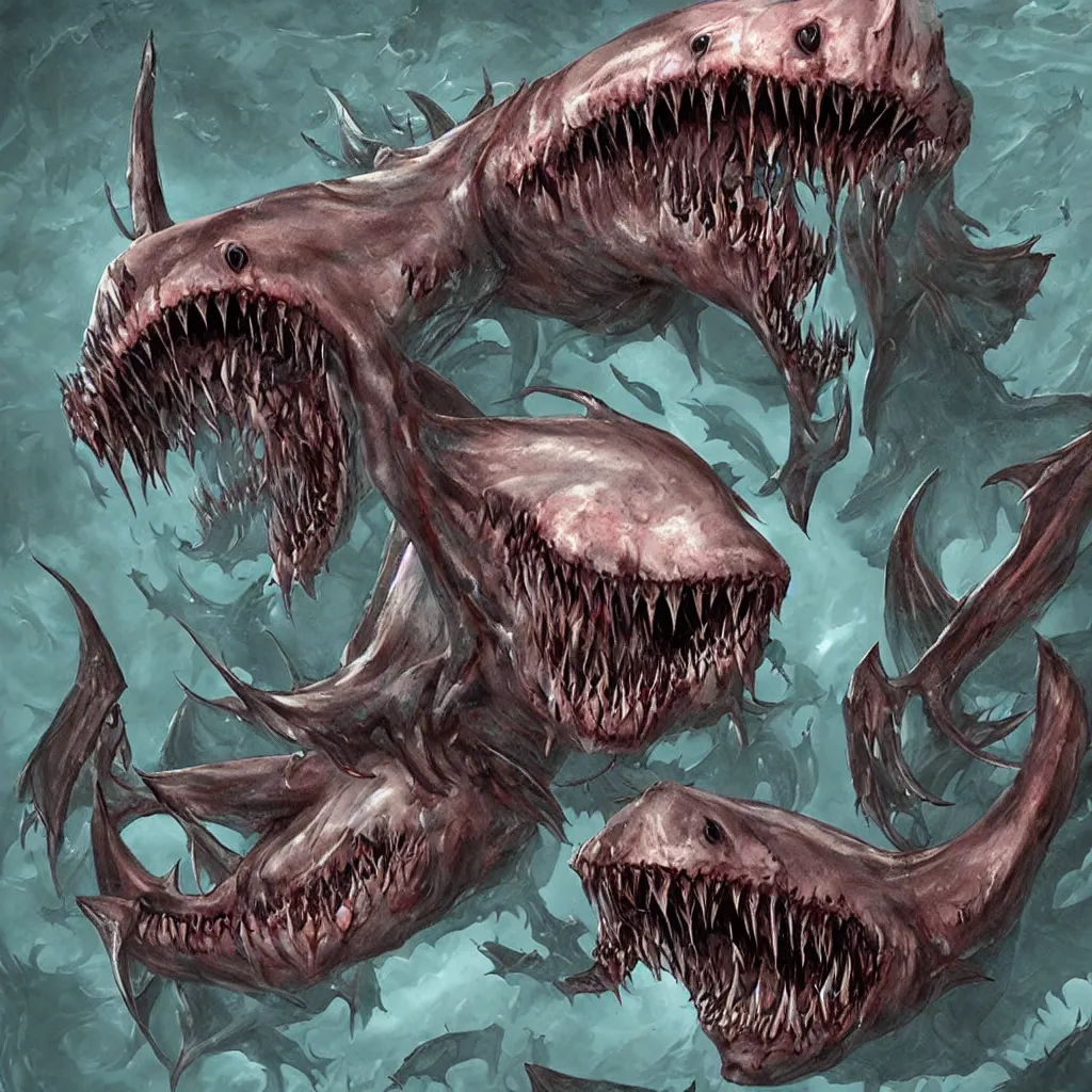 Image similar to horrifying and demonic shark creature with fangs, necromorph