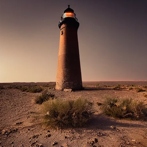 Image similar to a lighthouse in the middle of the desert, post apocalyptic