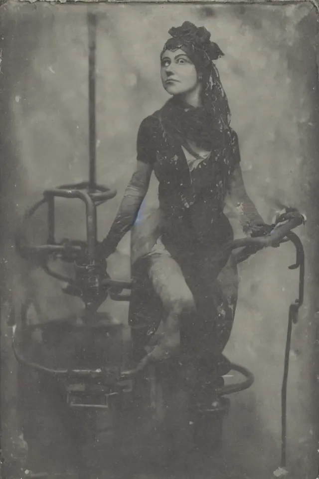 Prompt: wet plate photograph, portrait of scarves dancer, victorian era boiler room, coal inferno