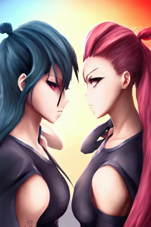 Prompt: two beautiful female fighters with hair tied up facing each other, gorgeous features, high definition, sharp focus, detailed anime art, pixiv