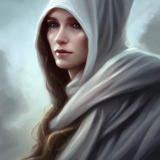 Image similar to a head - on detailed oil portrait of a distinguished ( ( elven ) ) woman wearing a white hood with long!! curly!! blonde hairs and bright irises, by charlie bowater, lise deharme, wlop, trending on artstation, dungeon and dragons art, l critical role