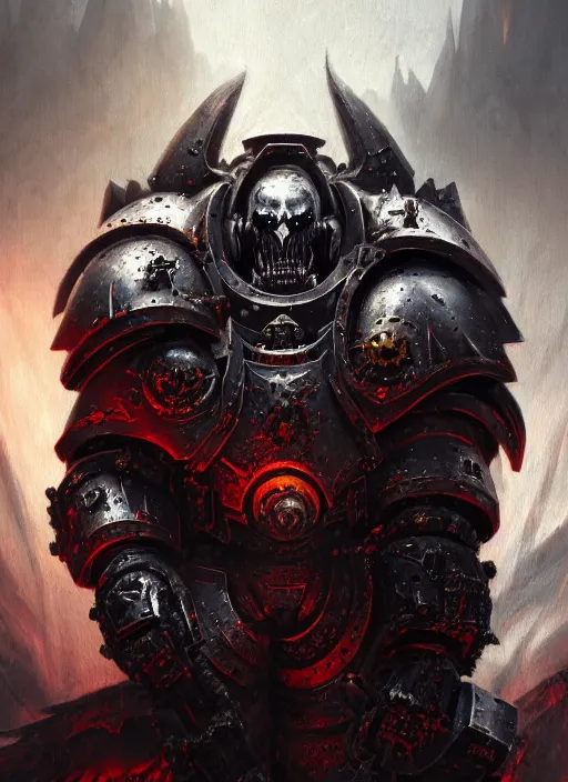 Image similar to portrait of a chaos space marine, evil, grim dark, gloomy, mist, warhammer 4 0 k, intricate, unholy, highly detailed, digital painting, artstation, concept art, smooth, sharp focus, illustration, art by wlop, mars ravelo and greg rutkowski