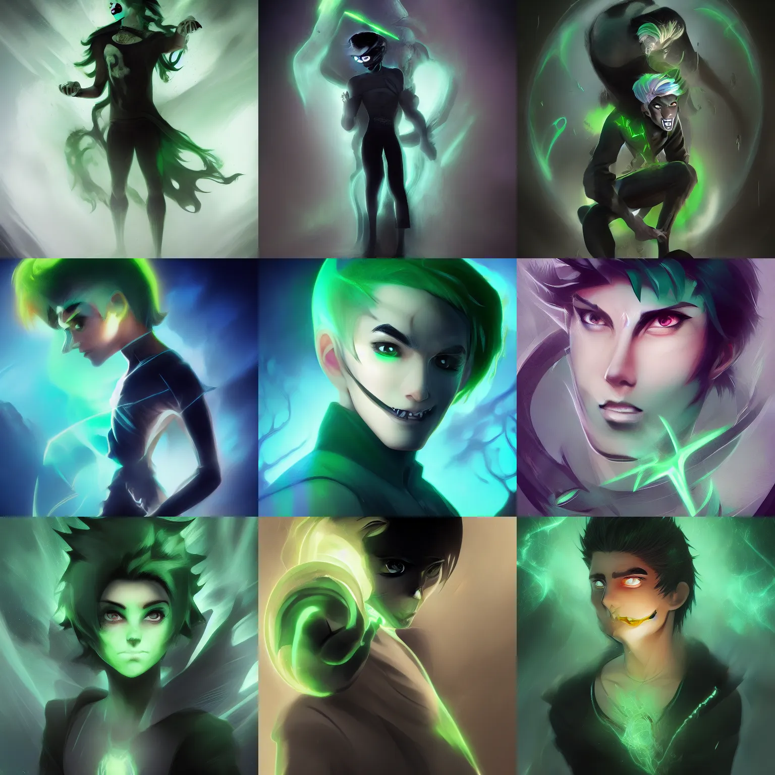 Prompt: A digital matte intricate illustration concept art of young Danny phantom with glowing green eyes and sharp teeth fangs alt art fashion inspired art by Charlie Bowater and Artgerm and Mark Arian and Ross Tran + neon colors, symmetry , intricate complexity, epic composition, magical atmosphere, highly detailed, cinematic lighting + masterpiece, trending on artstation + 8k