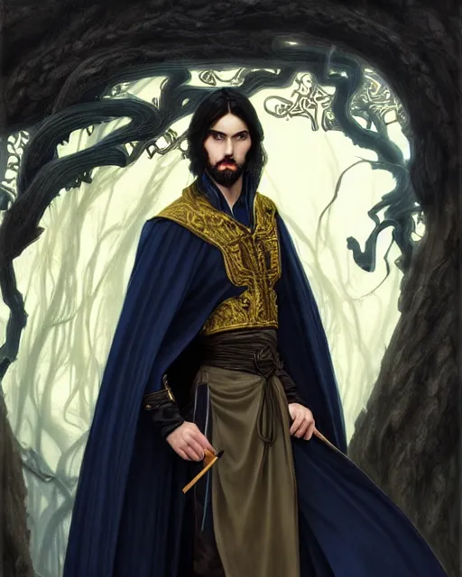 Prompt: handsome young male wizard in a tavern, long black hair blue eyes wearing cloth mantle gothic navy cloak with gold details, tree town, fantasy character portrait, ultra realistic, intricate, elegant, cinematic lighting, highly detailed, digital painting, artstation, smooth, sharp, focus, illustration, art by artgerm and greg rutkowski and alphonse mucha