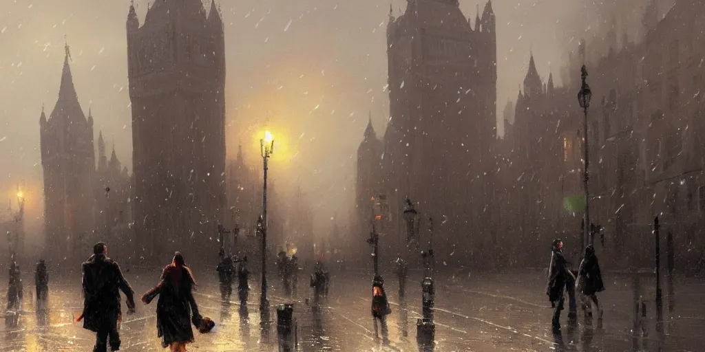 Prompt: a couple in the street of london in winters, by greg rutkowski and thomas kinkade, trending on artstation