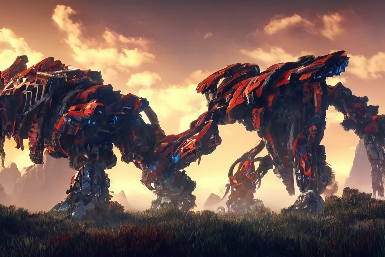 Image similar to ravager machine mecha animal beast robot of horizon forbidden west horizon zero dawn bioluminiscence global illumination ray tracing hdr fanart arstation by sung choi and eric pfeiffer and gabriel garza and casper konefal