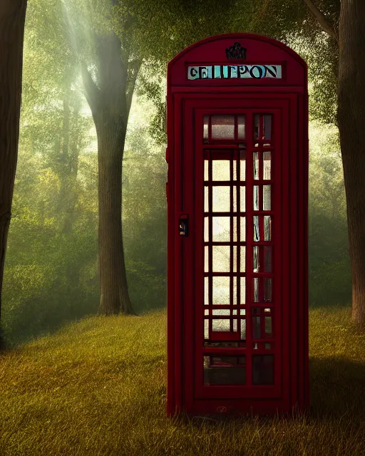 Prompt: bill and ted phone booth in the woods, hyper realism, cinematic, volumetric lighting, octane render, unreal engine, 8 k, concept art, digital art, deviantart artstation,