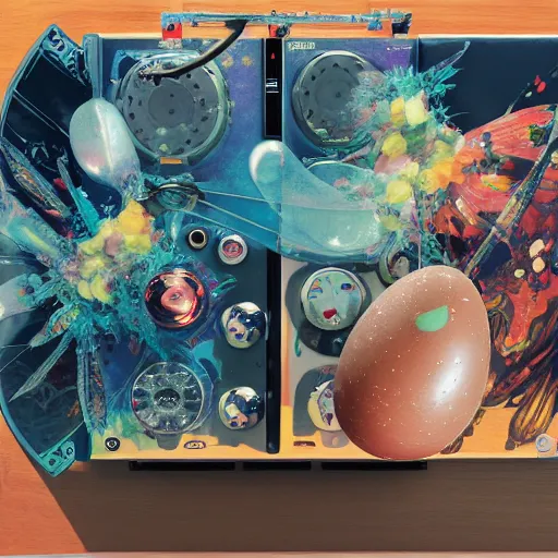 Prompt: surreal gouache painting, by yoshitaka amano, by ruan jia, by Conrad roset, by good smile company, detailed anime 3d render of big transparent resin stone in the center of the screen with a magical dragonfly inside. dragonfly inside an egg, egg on the mixer, Surrounded by a big DJ Mixer, Controller deck, portrait, cgsociety, artstation, rococo mechanical and Digital and electronic, dieselpunk atmosphere