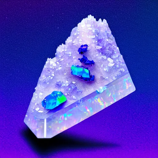 Prompt: a rare mineral rock, in a dark studio room, vaporwave theme. Microscopic view. Tanzanite, Opal, Kunzite. in the style of artgerm.