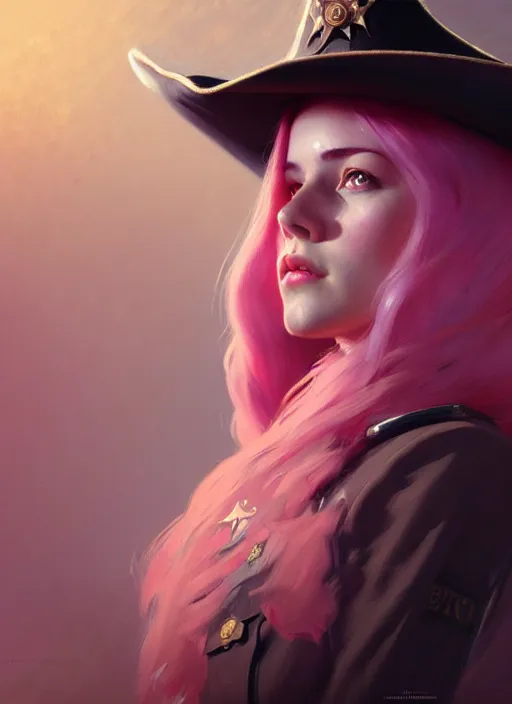 Prompt: female sheriff, beautiful girl, full body, pink hair, cowboy hat, realistic, serov, surikov, vasnetsov, repin, kramskoi, insanely detailed, charlie bowater, tom bagshaw, high resolution, octane rendered, unreal engine, illustration, trending on artstation, masterpiece, 8 k