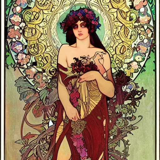 Image similar to persephone as goddess of death and flowers, evil, painted by alphonse mucha