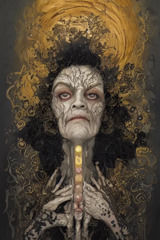 Image similar to portrait of hairy old woman with diluted aquarelle painted skin. close up. very dark black hair, large gold eyes. intricate dark flowers pattern on background, high detail, by Peter mohrbacher and Eddie Mendoza