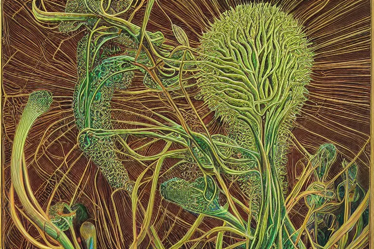 Image similar to nerve plant on an old crt television, by alex grey and ernst haeckel