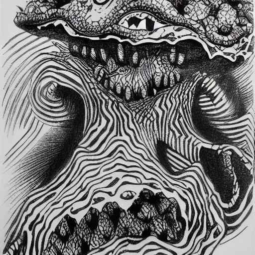 Prompt: deep camouflage angry toad evil eyes poking out eyes from under the water ultra sharp blur background simple background psychedelic contour ink drawing gustave dore katshushika Hokusai deep evil eyes