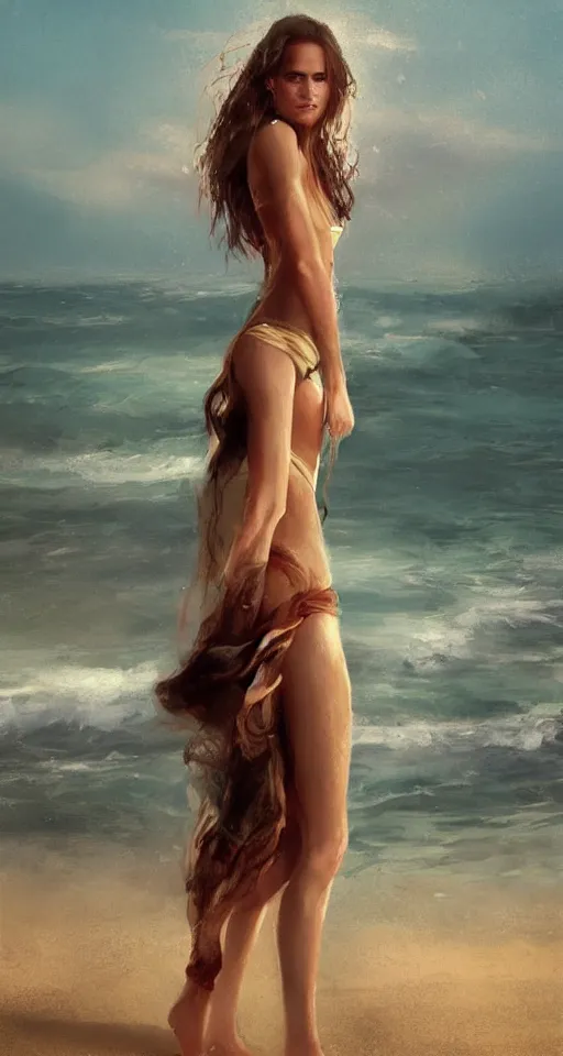 Image similar to Alicia Vikander with wet hair stands on a beach, no noise, elegant, concept art, sharp focus, digital art, smooth defined outlines!!, by Brom, trending on Artstation, Tom Bagshaw, Sargent