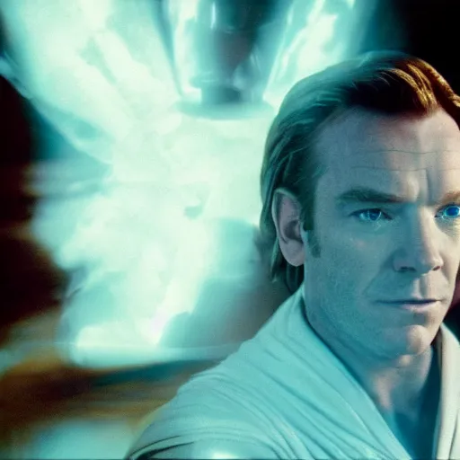 Image similar to film still of ewan mcgregor as a force ghost, star wars, blue ghost, transparent, epic lighting, highley detailled, kodak film