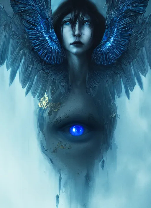 Prompt: Her huge ominous glowing blue eyes staring into my soul , perfect digital eyes, WLOP, Tomasz strzalkowski, 8k portrait render, raven angel wings, cyberpunk, beautiful lighting, dark fantasy art, rococo, gold filigree, cgsociety